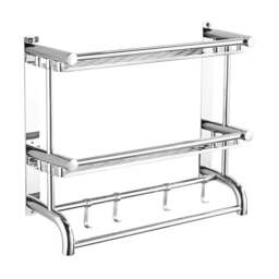 Living and Home 2-Tier Silver Stainless Steel Wall Mounted Bathroom Towel Rail with Shelf and Hooks - Size: 2 Tier - Wilko