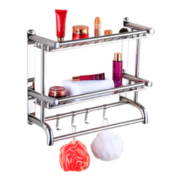 Living and Home 2-Tier Silver Stainless Steel Wall Mounted Bathroom Towel Rail with Shelf and Hooks - Size: 2 Tier - Wilko - thumbnail 4