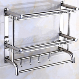 Living and Home 2-Tier Silver Stainless Steel Wall Mounted Bathroom Towel Rail with Shelf and Hooks - Size: 2 Tier - Wilko - thumbnail 5