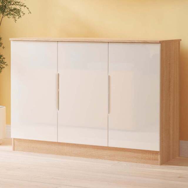 Crowndale Milan 3 Door White Gloss and Bardolino Oak Sideboard Ready Assembled - Size: 79 x 110 x 39cm - White Gloss & Bardolino Oak - Wilko - image 1