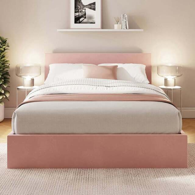 GFW Double Blush Pink Velvet End Lift Ottoman Bed with Memory Pocket Spring Mattress - Wilko - image 1