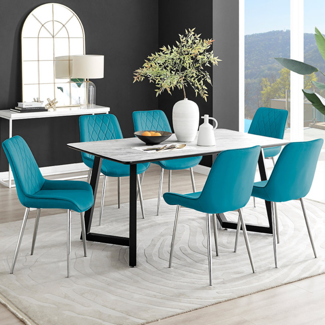Furniturebox Copeland Cesano Marble Effect 6 Seater Dining Set White Blue and Chrome - Wilko - image 1