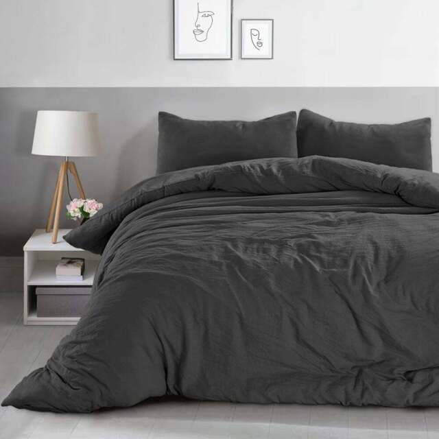 Velosso Washed Linen Look Super King Size Charcoal Duvet Set - Grey - Wilko - image 1