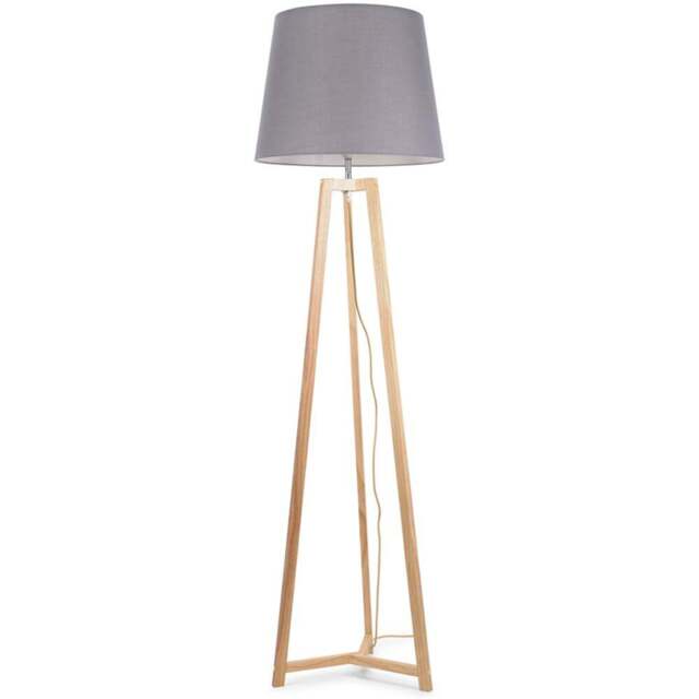 ValueLights Lottie Grey Fabric Tapered Shade Natural Wood Tripod LED Floor Lamp - Size: 158 x 45 x 45cm - Cream - Wilko - image 1