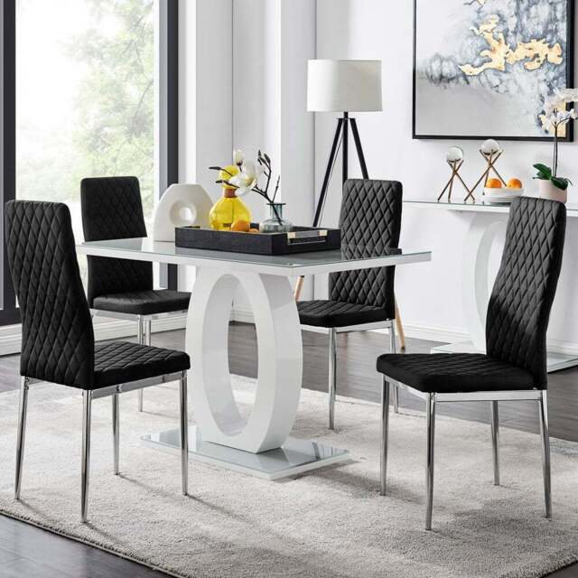 Furniturebox Lucia Valera 4 Seater Dining Set Grey Gloss Black and Chrome - Wilko - image 1
