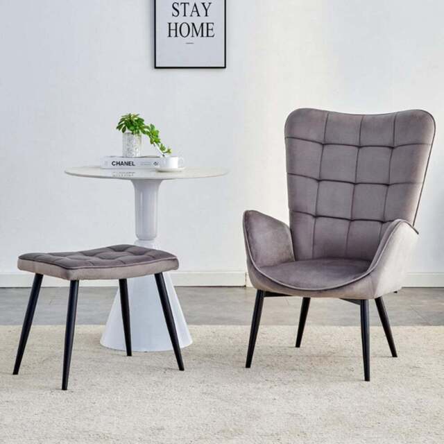 Portland Grey Velvet Accent Chair with Footstool - Size: Single - Wilko - image 1
