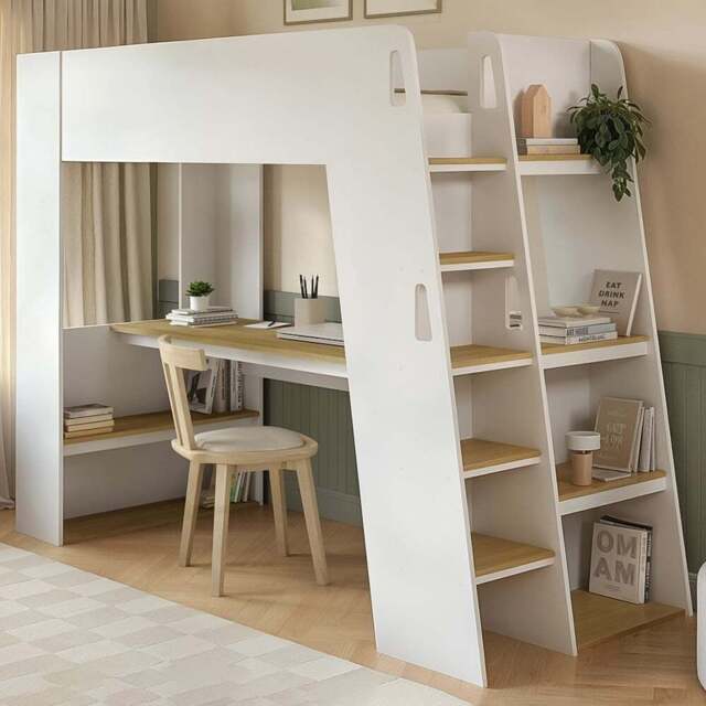 Flair Fern White and Oak High Sleeper Bed with Storage Staircase and Desk - Size: 178.3 x 95.6 x 235cm - Wilko - image 1
