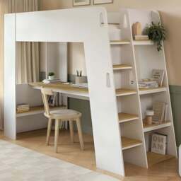 Flair Fern White and Oak High Sleeper Bed with Storage Staircase and Desk - Size: 178.3 x 95.6 x 235cm - Wilko