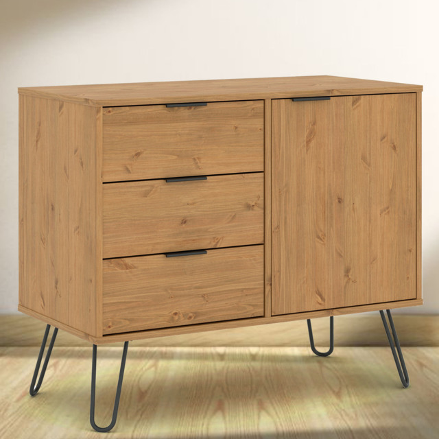 Augusta Single Door 3 Drawer Pine Small Sideboard - Size: 43 x 90 x 73cm - Brown - Wilko - image 1
