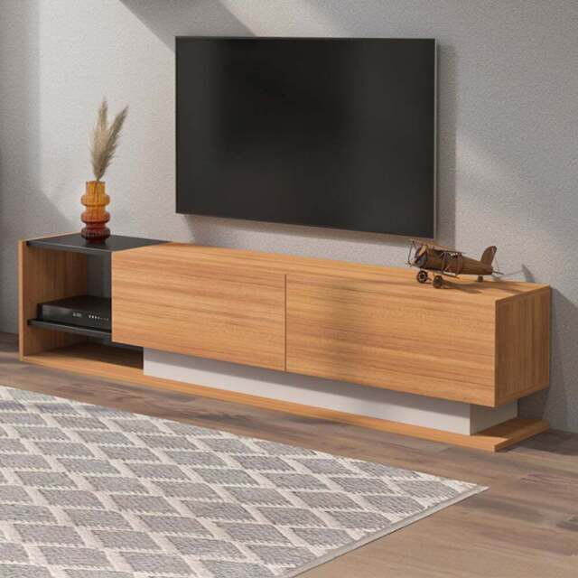 Decorotika Liza 2 Door 2 Shelf Teak Black and White TV Unit with Wall Shelf - Size: 40 x 180 x 30cm - Multi - Wilko - image 1