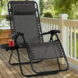 Costway Grey Folding Patio Recliner with Removable Headrest and Cup Holder - Size: 89 x 68 x 13cm - Wilko - thumbnail 1