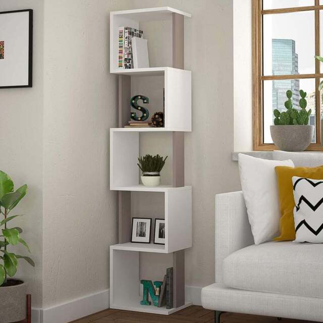 Decortie Piri 5 Shelf White and Mocha Grey Modern Tall Bookcase - Multi - Wilko - image 1