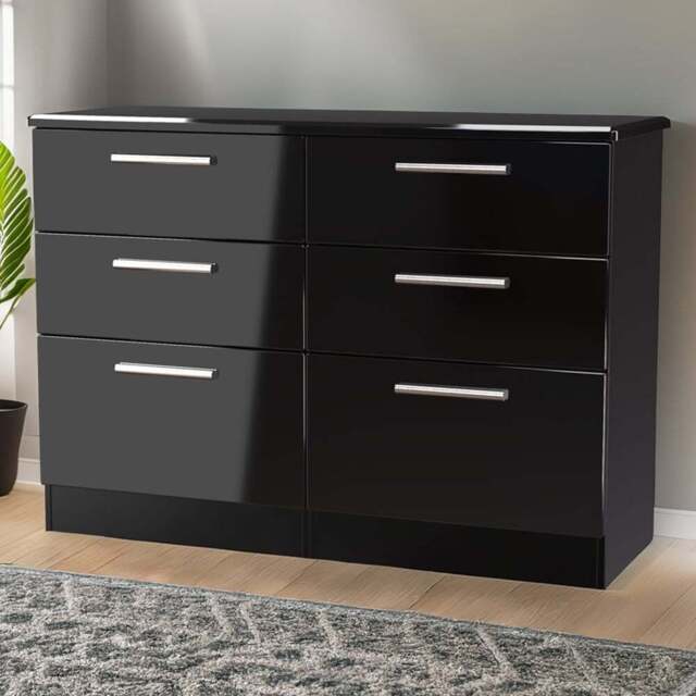 Crowndale Knightsbridge 6 Drawer Black Gloss and Black Wide Chest of Drawers Ready Assembled - Black Gloss & Black - Wilko - image 1