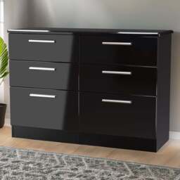 Crowndale Knightsbridge 6 Drawer Black Gloss and Black Wide Chest of Drawers Ready Assembled - Black Gloss & Black - Wilko - thumbnail 1
