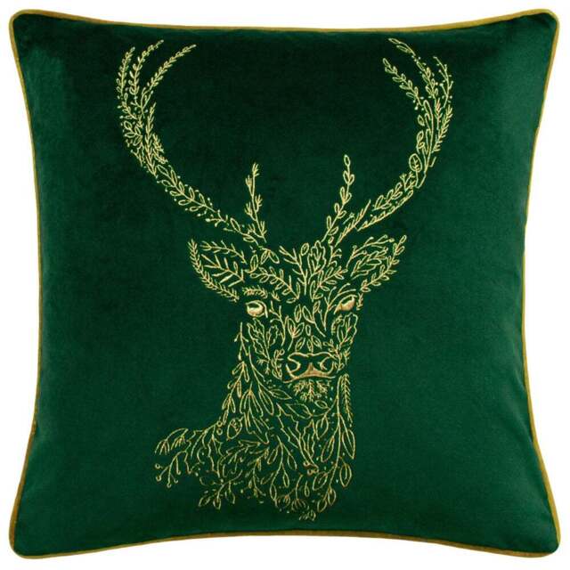 furn. Forest Fauna Emerald and Gold Stag Velvet Piped Cushion - Size: 50 x 50 cm - Multi - Wilko - image 1