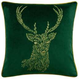 furn. Forest Fauna Emerald and Gold Stag Velvet Piped Cushion - Size: 50 x 50 cm - Multi - Wilko