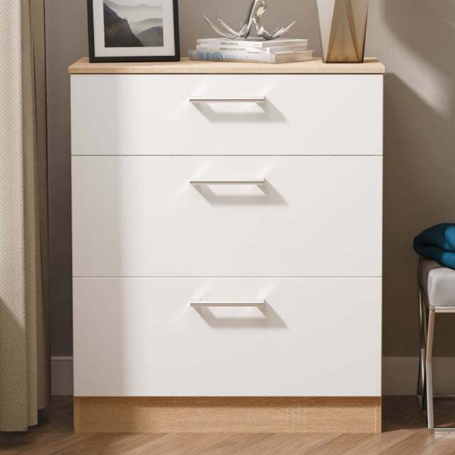 Crowndale Devon 3 Drawer White Matt and Bardolino Oak Deep Chest of Drawers Ready Assembled - White Matt & Bardolino Oak - Wilko - image 1