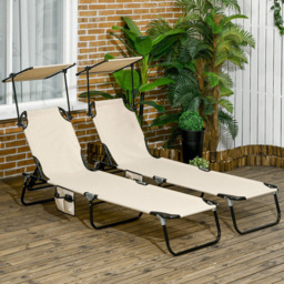 Outsunny Set of 2 Tan Brown Adjustable Folding Sun Lounger with Sunshade Roof - Size: 28 x 56 x 190cm - Wilko