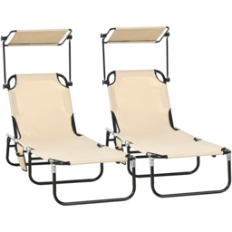 Outsunny Set of 2 Tan Brown Adjustable Folding Sun Lounger with Sunshade Roof - Size: 28 x 56 x 190cm - Wilko - thumbnail 3