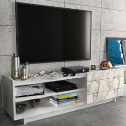 Decorotika Valantina Single Door 2 Shelf White Marble Effect and White TV Unit - Size: 41.4 x 140 x 37cm - Multi - Wilko