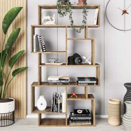 Decortie Karmato 10 Shelf Dark Oak Asymmetric Tall Freestanding Bookcase - Brown - Wilko