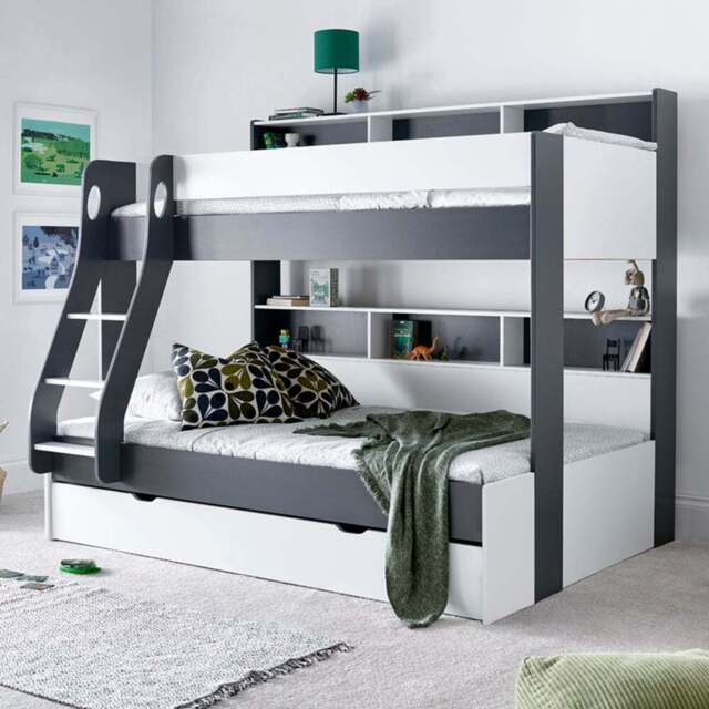 Bedmaster Oliver Triple Sleeper Grey and White Storage Bunk Bed with Orthopaedic Mattresses - Size: Single + Small Double - Wilko - image 1