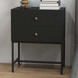 Portland 2 Drawer Black Modern Bedside Table - Wilko
