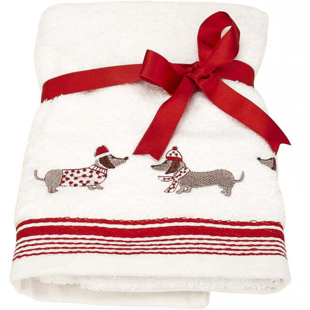 Bellissimo Home Cotton Embroidered Christmas Sausage Dogs Hand Towel 2 Pack - Size: 70 x 50 x 1cm - White - Wilko - image 1