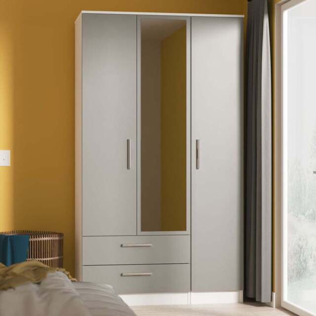 Crowndale Contrast 3 Door 2 Drawer Dusk Grey and White Tall Mirrored Wardrobe Ready Assembled - Dusk Grey & White - Wilko - image 1