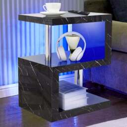 Comfy Living 2 Shelf Black Marble Effect High Gloss Abstract LED Side Table - Size: 50 x 44 x 38cm - Wilko
