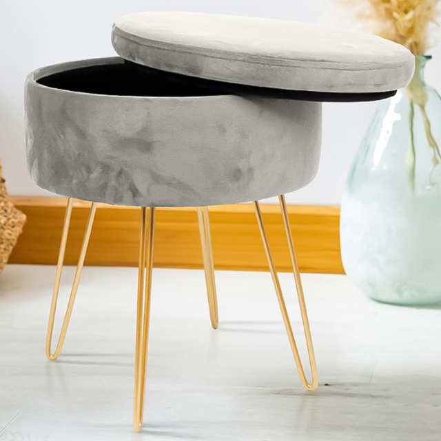 Harbour Housewares Grey and Gold Velvet Round Footstool with Storage - Size: 45 x 36 x 36cm - Wilko - image 1