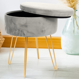 Harbour Housewares Grey and Gold Velvet Round Footstool with Storage - Size: 45 x 36 x 36cm - Wilko