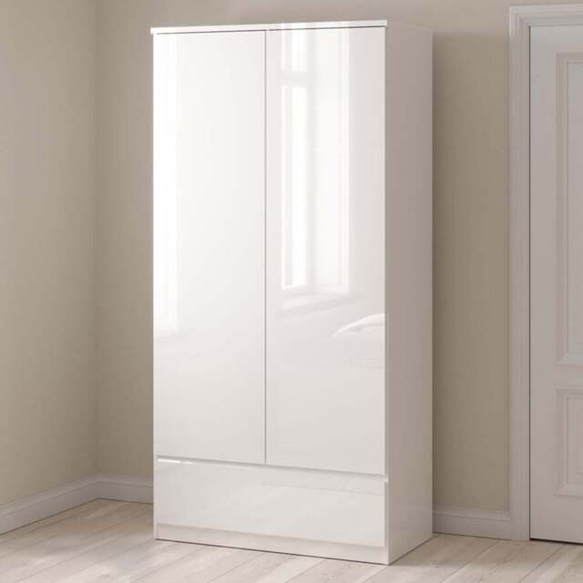 Florence 2 Door Single Drawer White High Gloss Wardrobe - Size: 2 Door, Single Drawer - Furniture to Go - Wilko - image 1