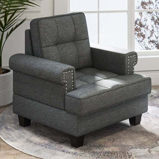 Costway Grey Mid Century Modern Tufted Linen Armchair with Pillow - Size: Single - Wilko - image 1