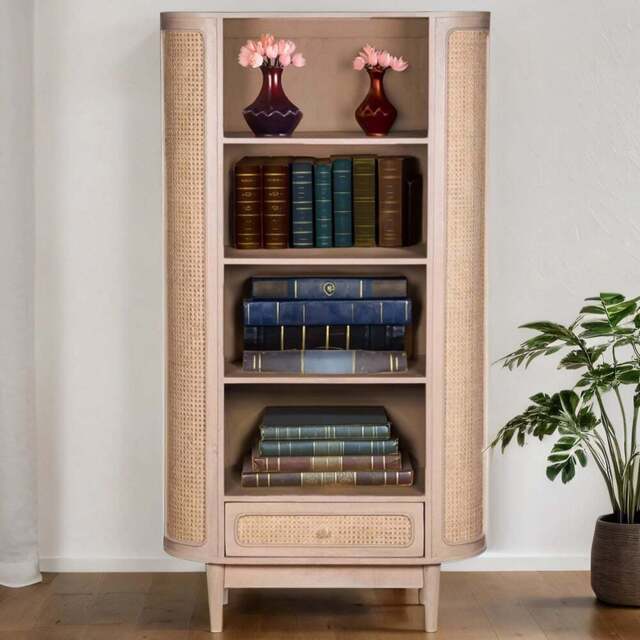 Brooklyn Single Drawer 4 Shelf Cane and Mango Wood Bookcase - Brown - Wilko - image 1