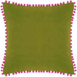 Paoletti Green and Fuchsia Velvet Touch Pom Pom Cushion - Size: 45 x 45 cm - Multi - Wilko