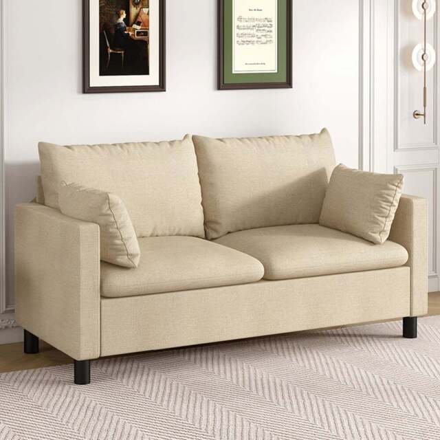 Laura 2 Seater Beige Linen Plush Padded Sofa - MCC - Wilko - image 1