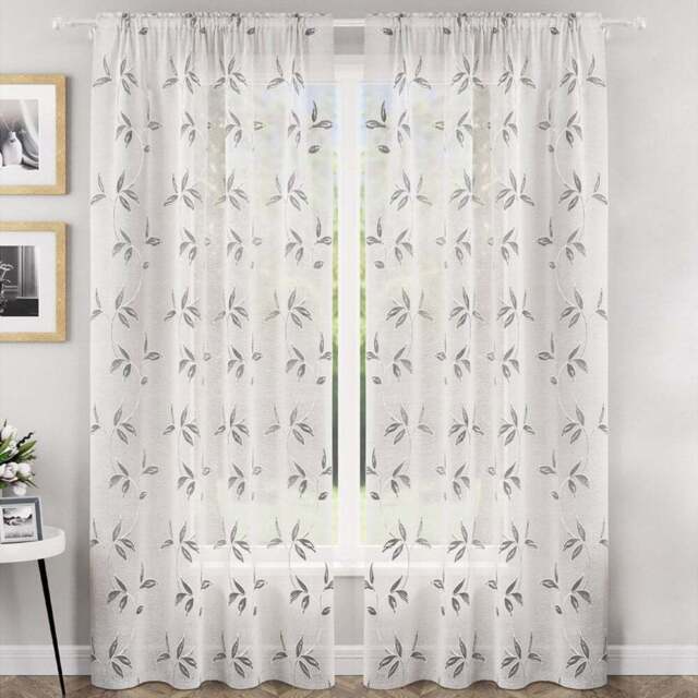 Enhanced Living Oasis Grey Embroidered Leaf Design Sheer Rod Pocket Voile Panels 140 x 183cm - Tyrone Textiles - Wilko - image 1