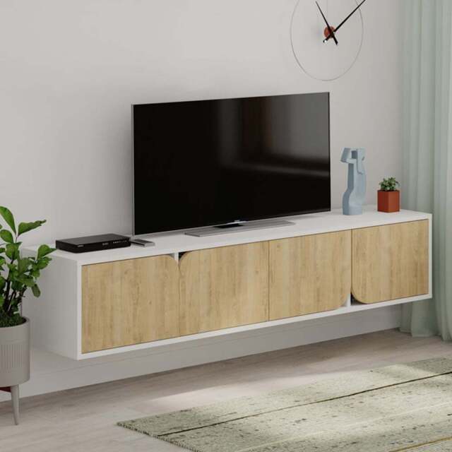 Decortie Spark 4 Door White Oak Modern TV Unit - Size: 35 x 180 x 35.6cm - Multi - Wilko - image 1