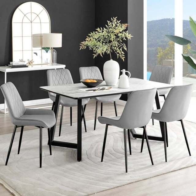 Furniturebox Copeland Cesano Marble Effect 6 Seater Dining Set White Grey and Black - Wilko - image 1