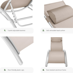tectake Set of 2 Beige 5 Step Backrest Sun Lounger with Head Cushion - Size: 1 Seater - Cream - Wilko - thumbnail 4