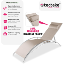 tectake Set of 2 Beige 5 Step Backrest Sun Lounger with Head Cushion - Size: 1 Seater - Cream - Wilko - thumbnail 7