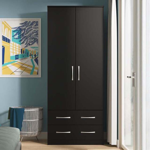 Crowndale Avon 2 Door 2 Drawer Matt Black Wardrobe Ready Assembled - Black Matt - Wilko - image 1