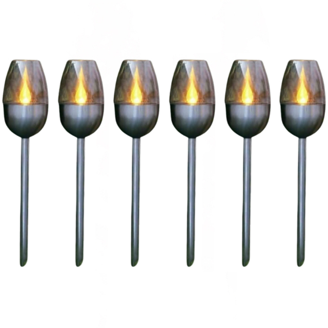 Garden Mile 6 Pack Flame Effect Solar LED Light - Size: 30 x 15 x 15cm - Silver - Wilko - image 1