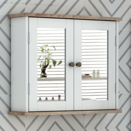 Kleankin White and Brown Wood Effect Storage Mirror Bathroom Cabinet - Size: 56 x 14 x 46cm - Wilko