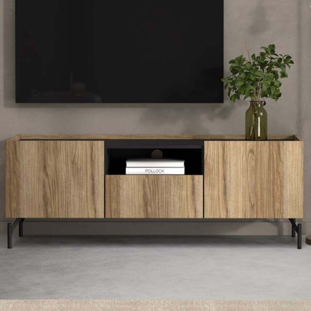 Furniture To Go Kendall 2 Door Single Drawers Oak and Black TV Unit - Size: 41.3 x 147 x 54cm - Multi - Wilko - image 1