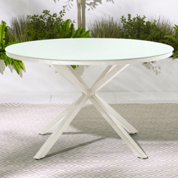 Furniturebox 120cm Cream Metal and Glass Round Garden Dining Table - Size: 4 Seater - Wilko