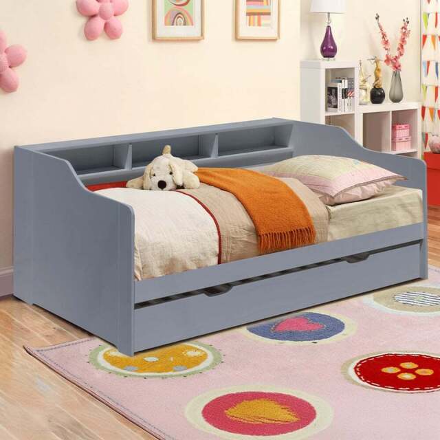Comfy Living Single Grey Wooden Bed with Trundle and Shelves - Wilko - image 1
