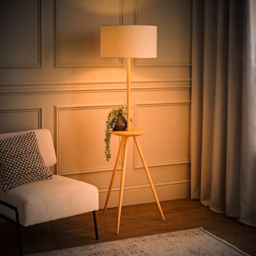 ValueLights Desmond Side Table Wood Tripod LED Floor Lamp with Bulb - Size: 150 x 45 x 45cm - Cream - Wilko - thumbnail 3