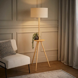 ValueLights Desmond Side Table Wood Tripod LED Floor Lamp with Bulb - Size: 150 x 45 x 45cm - Cream - Wilko - thumbnail 4